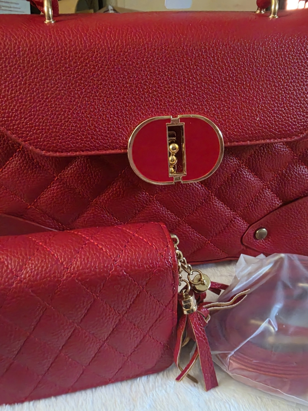 Red Quilted Satchel and Wristlet Set - Women's Satchel